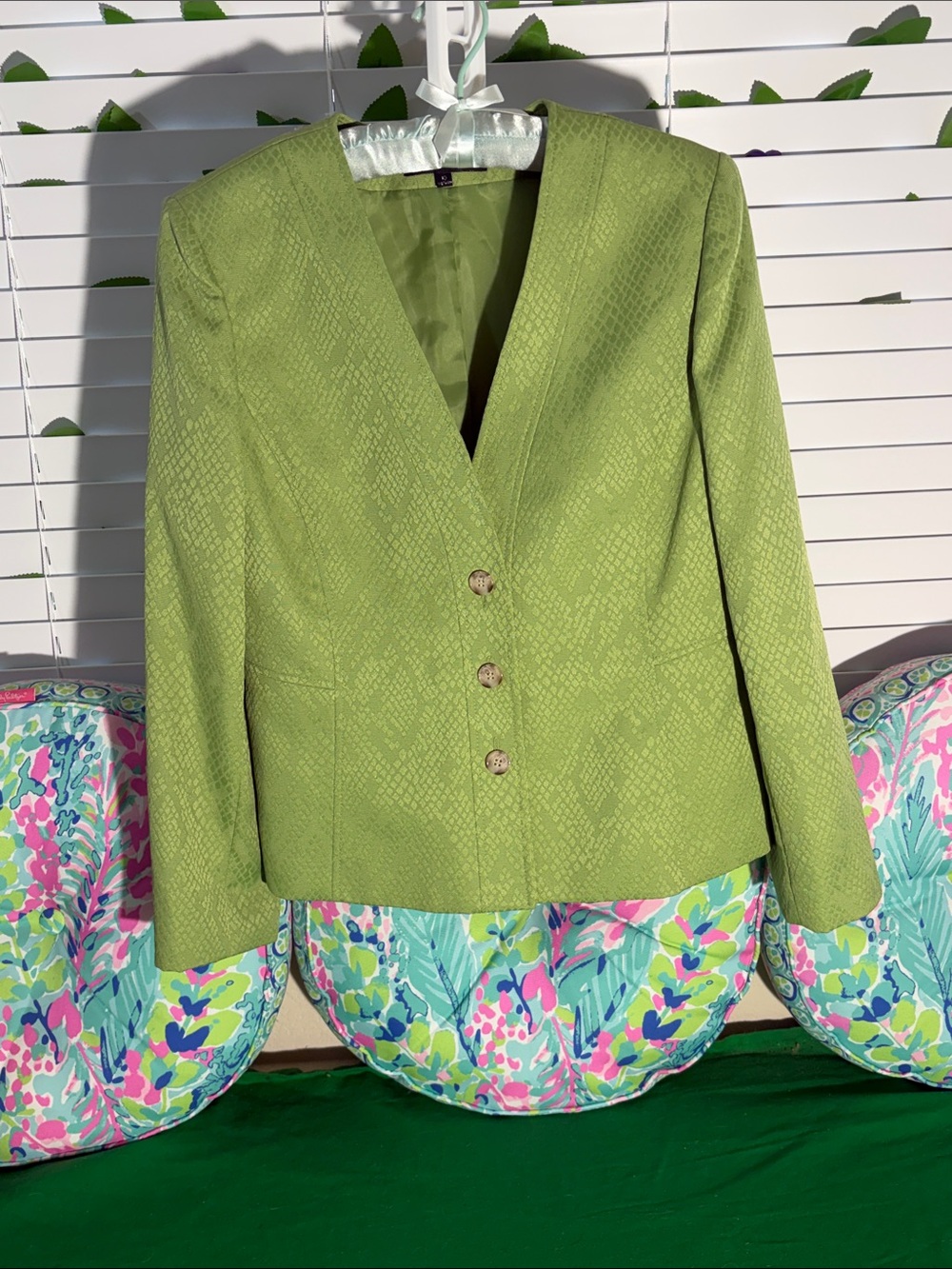 Preston & York Jewel Tone Green Textured V-Neck Blazer